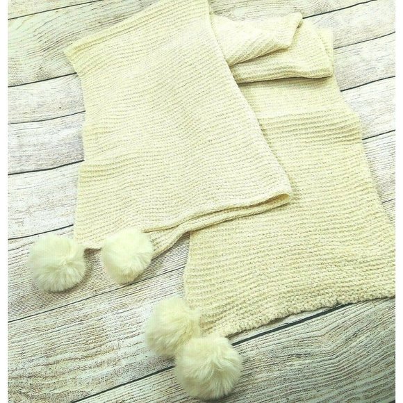 Women Scarf Cream W/Pom Pom Soft Comfy Warm Shawl Wrap Cowl Scarves Gift - Picture 10 of 10